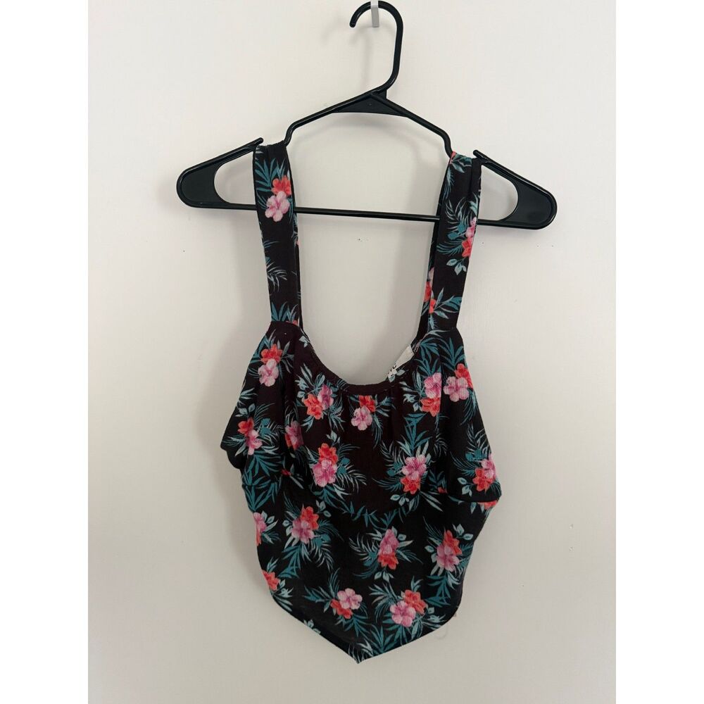 Madden NYC Black Tropical Print Handkerchief Crop Top w/Tie Back